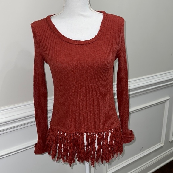 Anthropologie Eri+Ali Scoop Neck Burnt Orange Cuffed Sleeves Fringe Sweater sz S - Picture 2 of 7
